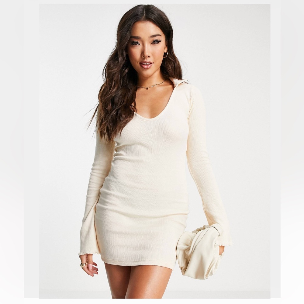PUBLIC DESIRE Long Sleeve Rib Mini Dress with Flare Bell Sleeves and Collar